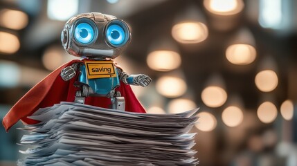 A cute robot superhero stands atop a stack of papers, symbolizing savings and efficiency.  A futuristic image.