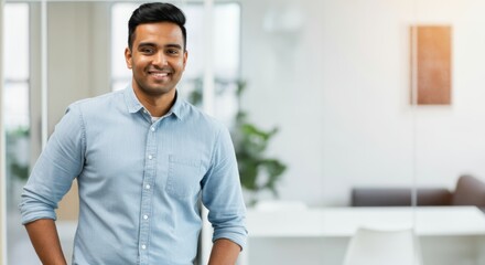 Obraz premium Young adult asian male smiling confidently in modern office environment