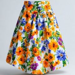 Colorful Floral Skirt with Bright Flowers on White Background