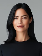 Fototapeta premium Retrato de una mujer morena, de entre 30 y 35 años, con el pelo negro hasta los hombros y una sutil sonrisa. emprendedor creativo y profesional, trabajador