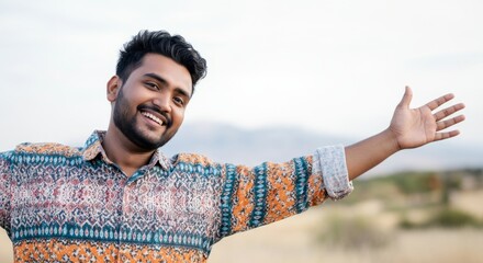 Naklejka premium Smiling young caucasian male with open arms in patterned shirt outdoors