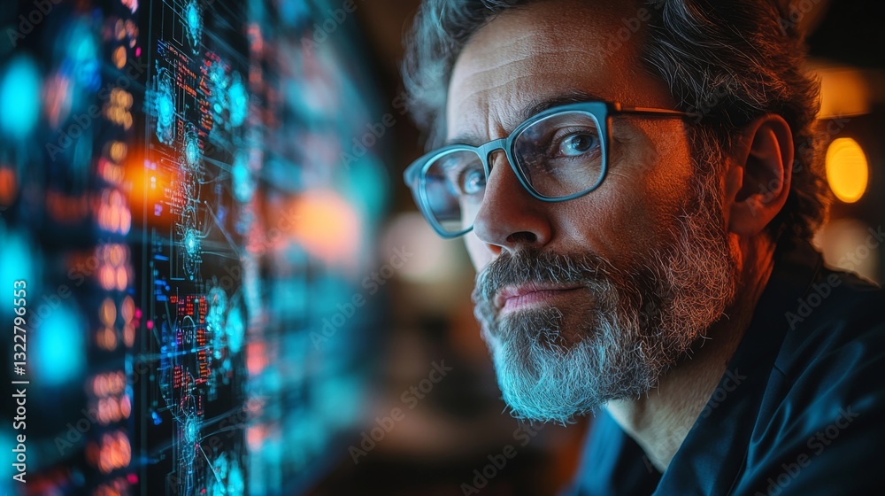 Fototapete A specialist in quantum computing analyzes complex datasets on a high-tech display. Emphasis is on algorithms, qubits, and optimization strategies in real time.