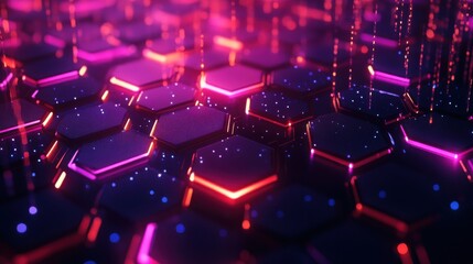Vibrant hexagonal grid glowing with pink and orange neon lights. Futuristic digital data stream concept.