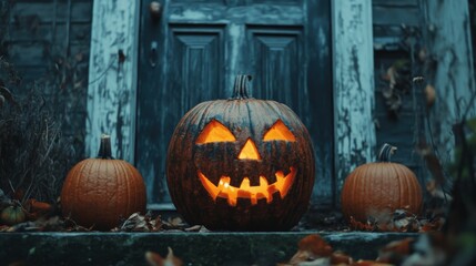 Obraz premium A spooky Halloween scene with a glowing jack-o'-lantern on a porch, accompanied by two uncarved pumpkins. The autumnal setting adds to the eerie atmosphere.