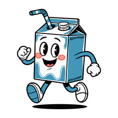 Retro cartoon character of a milk carton running happily with a straw, playful and fun vector design