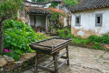 Ancient Chinese courtyard with wooden drying rack
