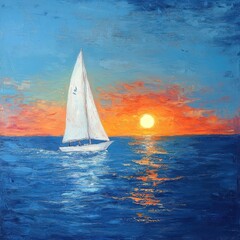 Obraz premium A serene painting depicting a sailboat gracefully gliding across the ocean's surface at sunset, surrounded by vibrant hues of orange and pink in the sky, reflecting on the water.