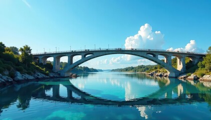 Obraz premium Arch bridge spans clear river, vivid blue sky mirrored below, river, structure, calm