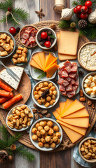 Festive winter appetizers table with various of cheese, curred meat, sweets, nuts and fruits. Festive family or party snack concept. Overhead view, collage style. with white shades