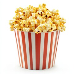 Golden Popcorn Kernels in Striped Bucket Isolated on White Background