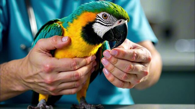 Veterinarian caring for colorful macaw parrot in gentle hands closeup