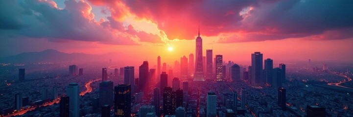 Fototapeta premium Gleaming towers reflect vibrant sunset hues, dense urban fabric , construction, dense, twilight