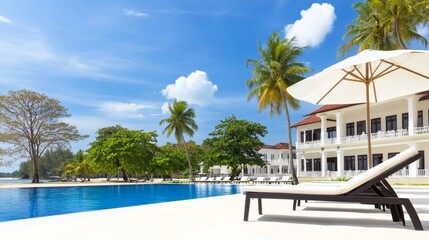 Obraz premium Seaside Luxury: Modern Beach Hotel and Pool - Luxurious beachfront hotel, inviting pool, tropical escape, relaxation, ocean view. Symbolising tranquility, luxury, escape, rejuvenation, paradise