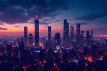 Obraz premium Stunning sunset skyline over new york city urban landscape photography twilight atmosphere aerial perspective vibrant city lights