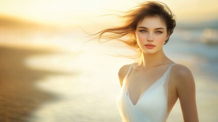 Naklejka premium Woman in White Dress on the Beach at Sunset