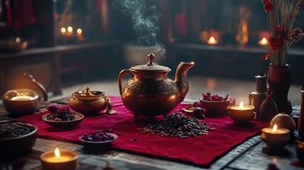 Golden Teapot and Aromatic Spices on a Red Tablecloth