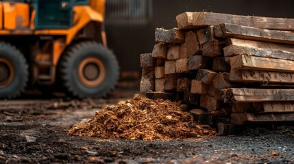 Obraz premium Photograph of a large pile of discarded wooden planks and sawdust accumulated at a recycling center with empty space for text overlay or design elements