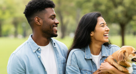 Obraz premium Smiling young african male and asian female enjoying outdoor walk with dog