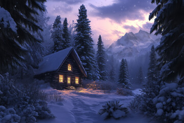 A peaceful winter retreat featuring a rustic wooden cabin with glowing windows, nestled among tall, snow laden trees under a soft twilight sky.