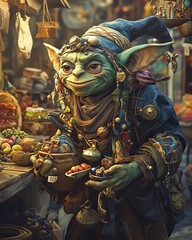 Fototapeta premium Cartoon character colorful fantasy detailed realistic Whimsical creature in a vibrant marketplace setting.