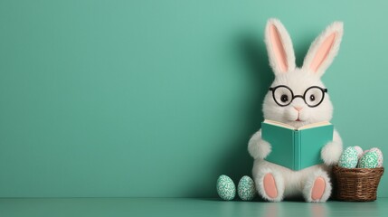 Obraz premium A cute bunny wearing glasses reads a book beside colorful easter eggs, creating a playful and whimsical atmosphere.