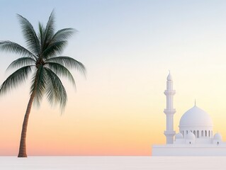 Naklejka premium Serene sunset over a tranquil beach with a palm tree and mosque silhouette