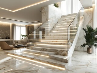 Luxury white marble U-shaped stairs with LED stripe lighting and glass balustrades in a beige living room