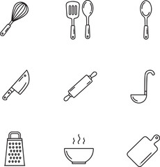Kitchen Utensils and Tools for Cooking Icon Set