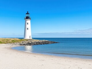 Fototapeta premium Scenic view of a lighthouse by the beach under a clear blue sky