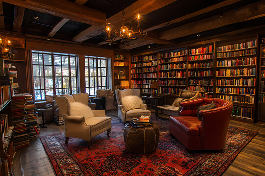 Cozy bookstore interior featuring reading chairs and warm ambiance for literary enthusiasts and creative minds