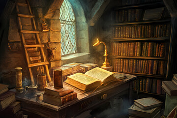 Ancient library filled with bookish clues and literary riddles, inspiring curiosity and timeless knowledge exploration