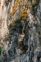 Striking rock formations rise dramatically from the ground, adorned with vibrant greenery at a coastal cliff. warm hues of sunset illuminate the rugged textures of the landscape