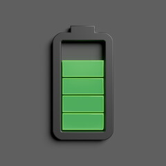 graphic displays a battery icon with four green sections filled, indicating a partially charged state. background is a solid gray, enhancing the visibility of the battery design. 3d render