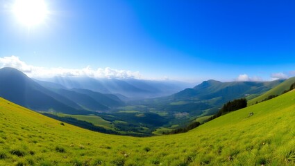 Fototapeta premium Scenic Green Valley with Rolling Hills and Blue Sky
