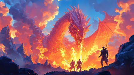 Fototapeta premium Colorful Fantasy Cartoon Dragon Breathing Fire in Epic Scene