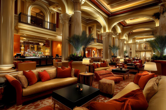 Inside a luxurious hotel lobby featuring plush sofas and decor for an opulent, welcoming experience