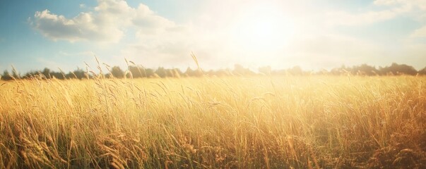 A bright sun shining over a beautiful field of tall grass