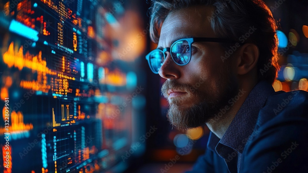 Fototapete A researcher analyzes complex quantum computing data illustrated on digital screens, representing various quantum concepts like qubits and entanglement.