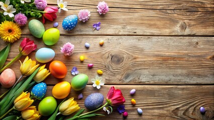 Obraz premium Easter Egg Hunt Flat Lay: Wooden Background with Colorful Eggs & Spring Flowers