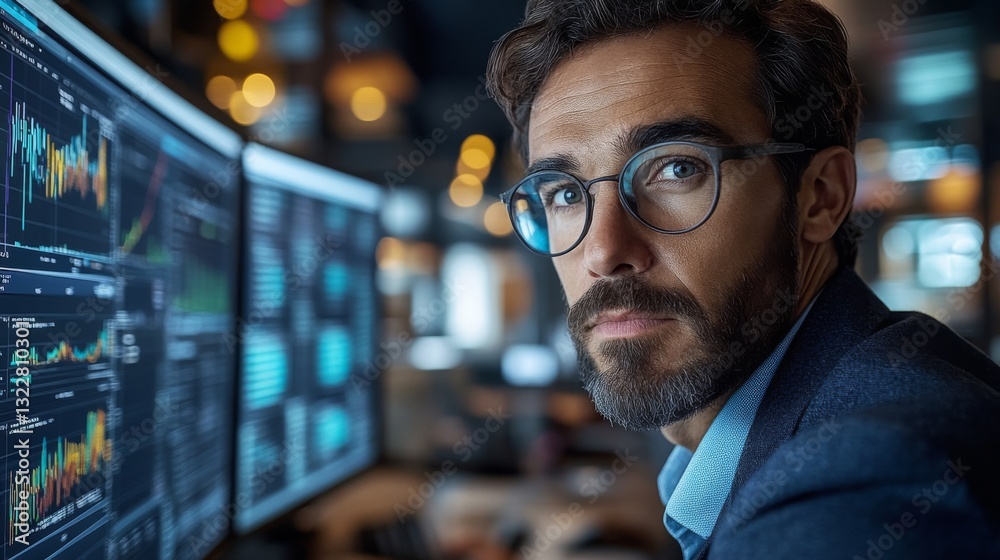 Fototapete A man analyzes complex quantum computing data on multiple screens in a contemporary office. He engages with algorithms involving qubits and quantum mechanics to optimize neural networks.