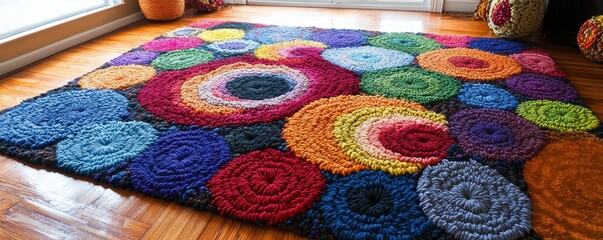 A vibrant, brightly colored rug featuring an array of multicolored circles made of soft yarn, beautifully contrasting against a warm, polished hardwood floor, adding a playful touch to the room.