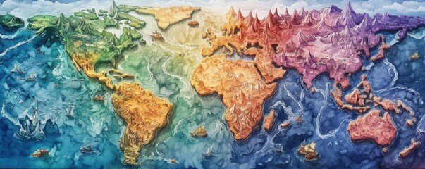 Fototapeta premium Whimsical Watercolor World Map: A Journey Through Colorful Continents