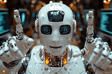 A futuristic robot makes gestures with its robotic hands elegantly