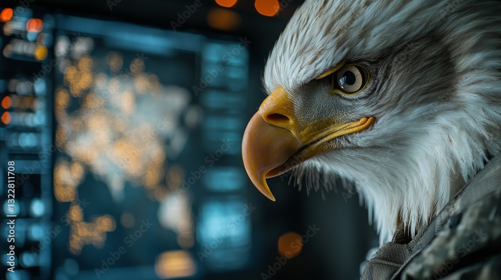 Poster A bald eagle clad in military gear intensely watches a digital map filled with data points and locations. The setting reflects a high-tech command center atmosphere.