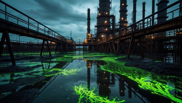 Industrial landscape at dusk with glowing green algae in water. - Powered by Adobe