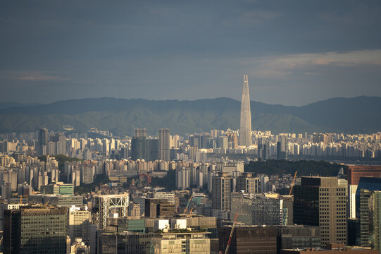 Highrise view to modern district of Seoul and Lotte World Tower
