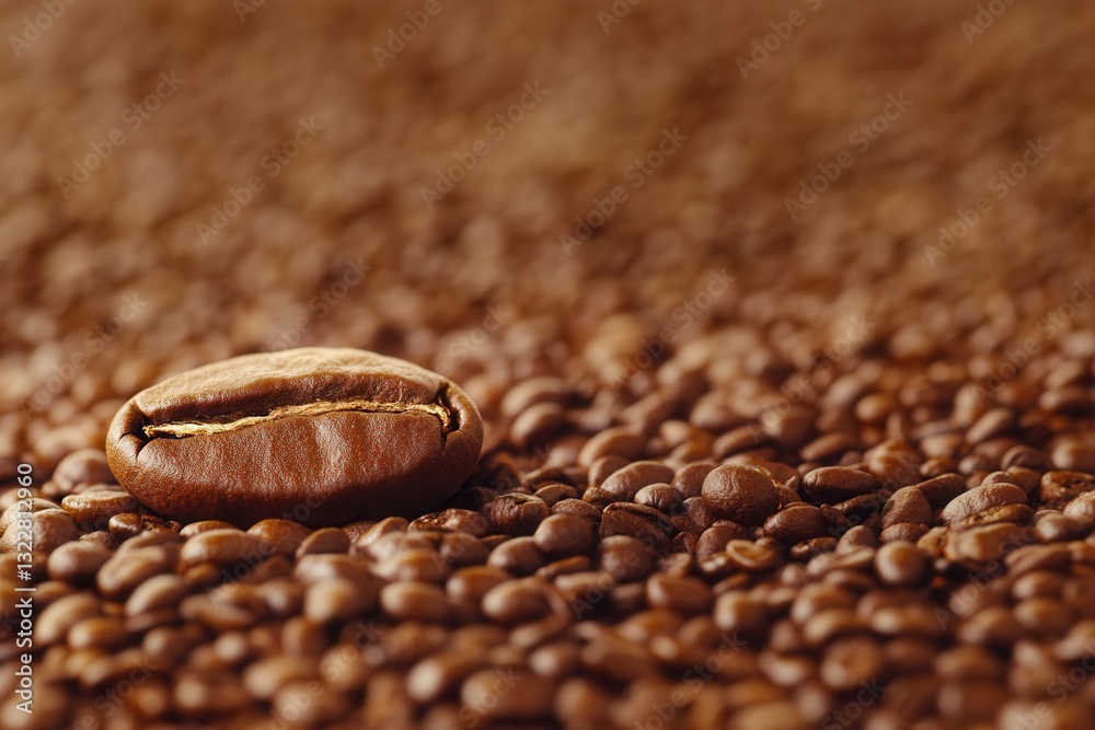 Poster close-up texture of roasted coffee beans with a standout bean positioned at the golden ratio for an 