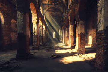 Sunlight pouring through the cracks of a desolate hallway, creating a haunting yet beautiful scene
