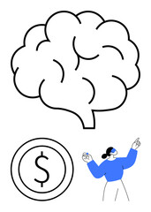 Brain outline symbolizing thinking, dollar coin for finance, abstract figure analyzing and pointing. Ideal for concepts of strategy, creativity, wealth planning, innovation, productivity, education