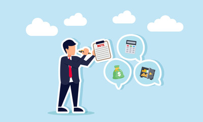 A businessman takes notes on a chat dialogue featuring a calculator, money bag, and safe, illustration of minutes on business financial management